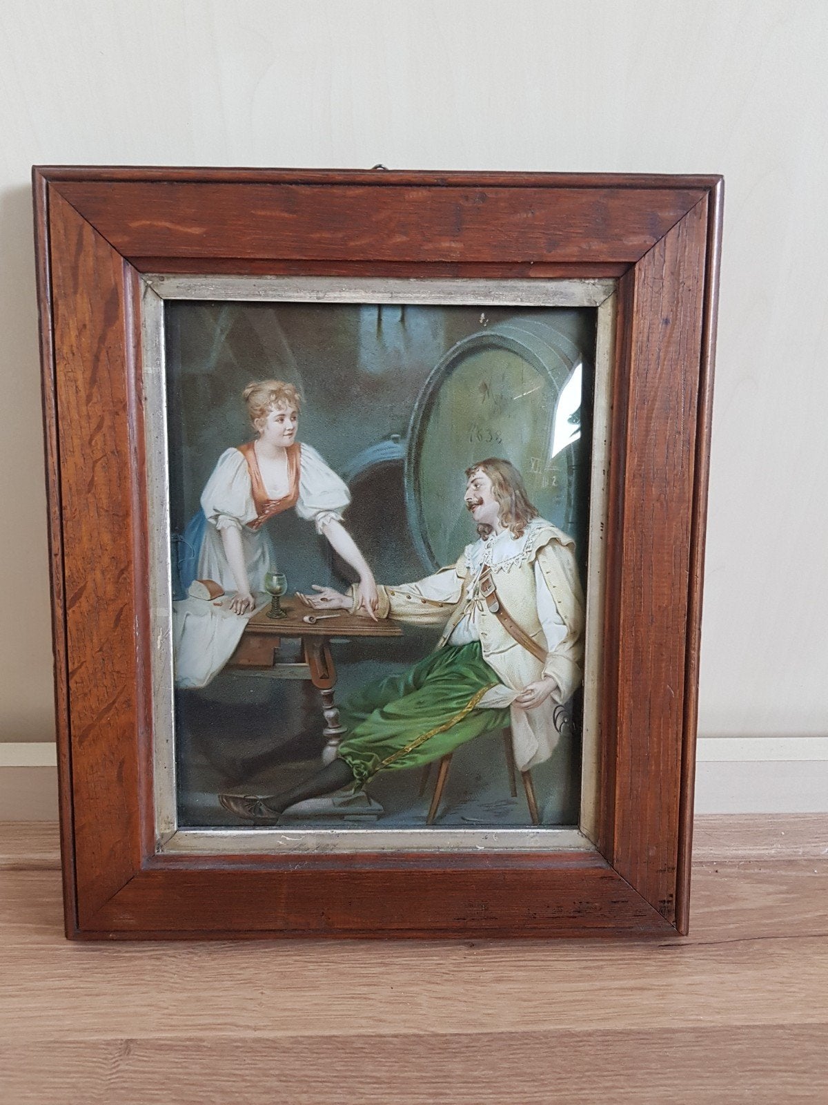 Antieke afbeelding achter bol glas, Ophalen of Verzenden, Print, Ingelijst