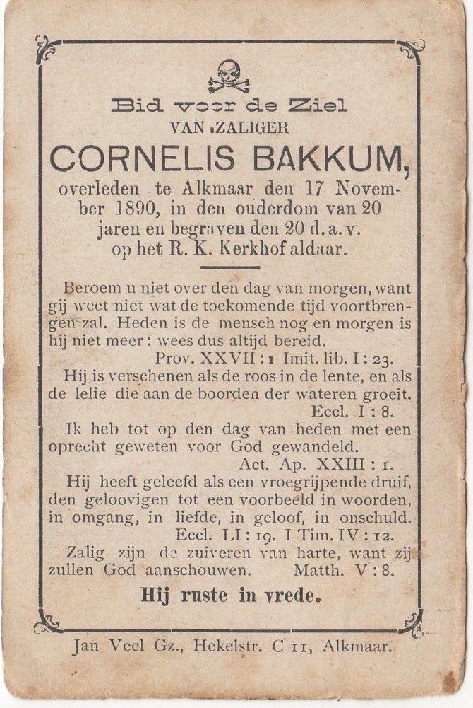 Cornelis Bakkum 1870 Alkmaar + 1890 Alkmaar, 20 jaar oud, Ophalen of Verzenden