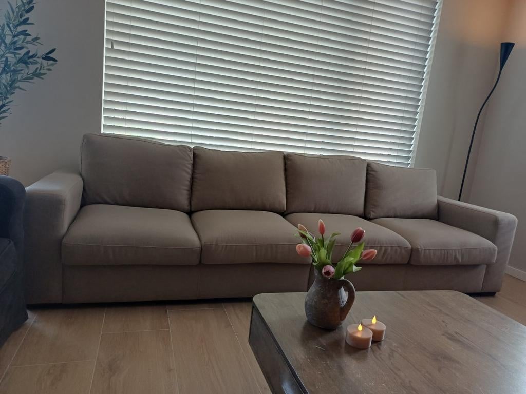 Grote 4 zits bank taupe/beige. Linnenstructuur, Ophalen, 250 tot 300 cm, Gebruikt, Landelijk, stoer, sober, modern