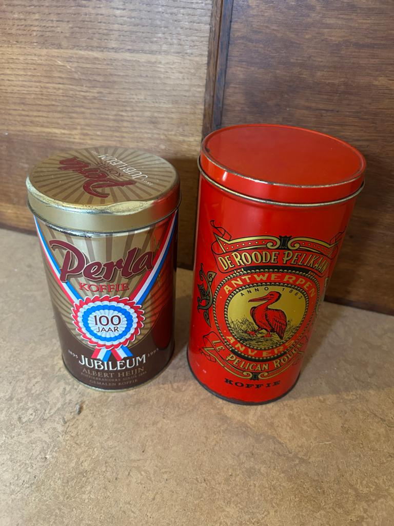 Vintage koffie blikken – Perla & De Roode Pelikaan, Ophalen of Verzenden, Gebruikt, Koffie