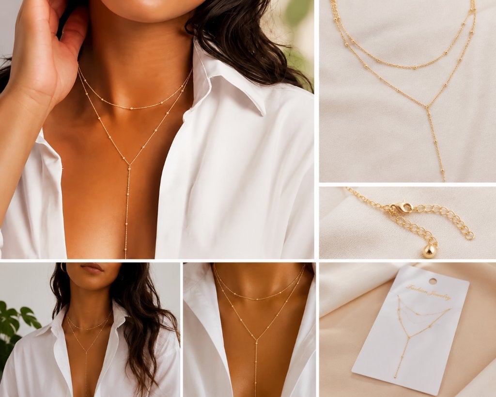 Dubbele dames ketting goudkleurig – elegante Y-ketting, Sieraden, Tassen en Uiterlijk, Verzenden, Nieuw, Goud, Goud
