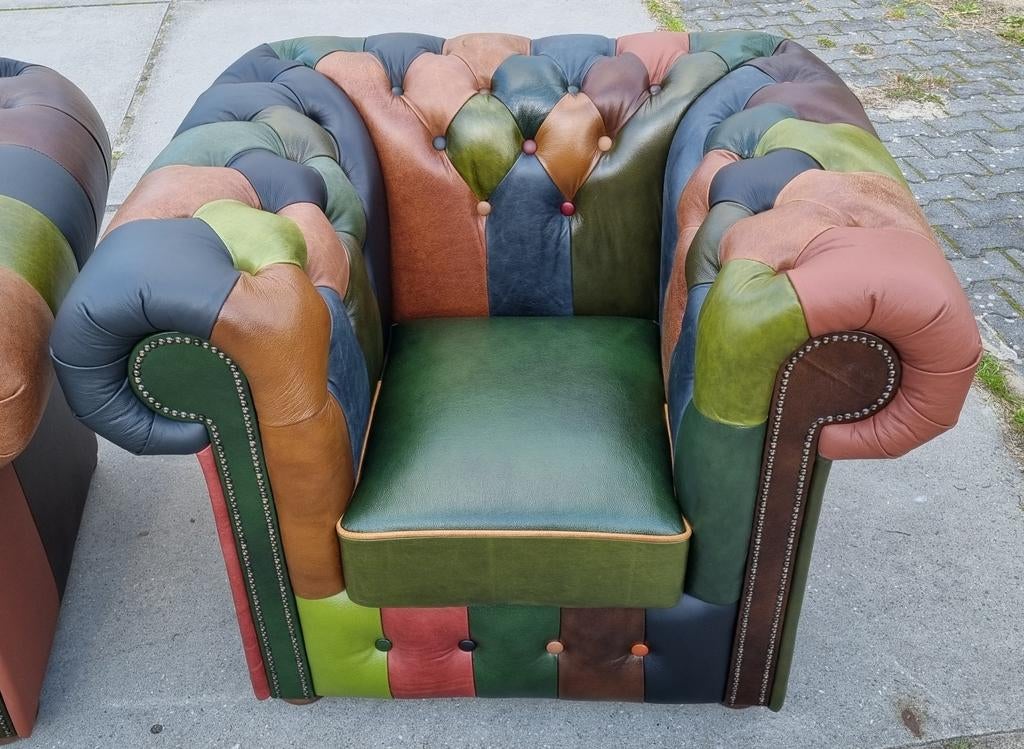 2x Chesterfield fauteuil Patchwork Jungle + GRATIS BEZORGING, Huis en Inrichting, Fauteuils, Onbekend, Ophalen of Verzenden, Zo goed als nieuw