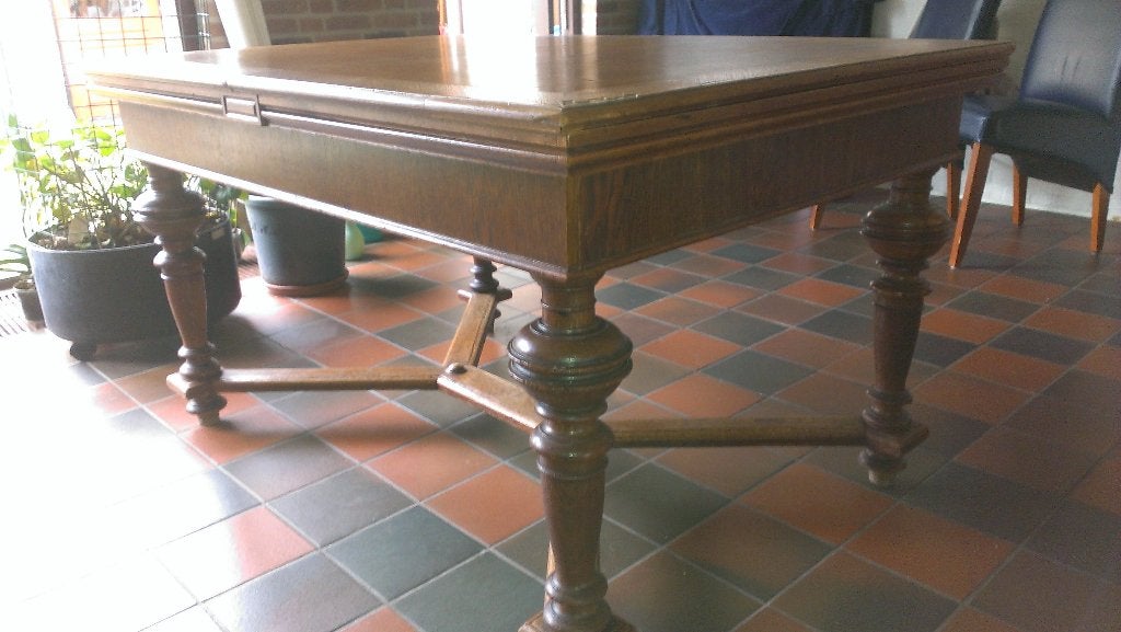 Eiken Koning Willem III uitschuifbare bladen-/coulissentafel, Ophalen, Gebruikt, 200 cm of meer, 50 tot 100 cm