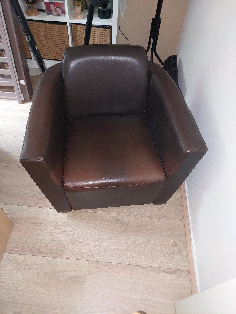 Bruine leren comfortabele fauteuil, Ophalen, Gebruikt, Klassiek, Vintage, 75 tot 100 cm