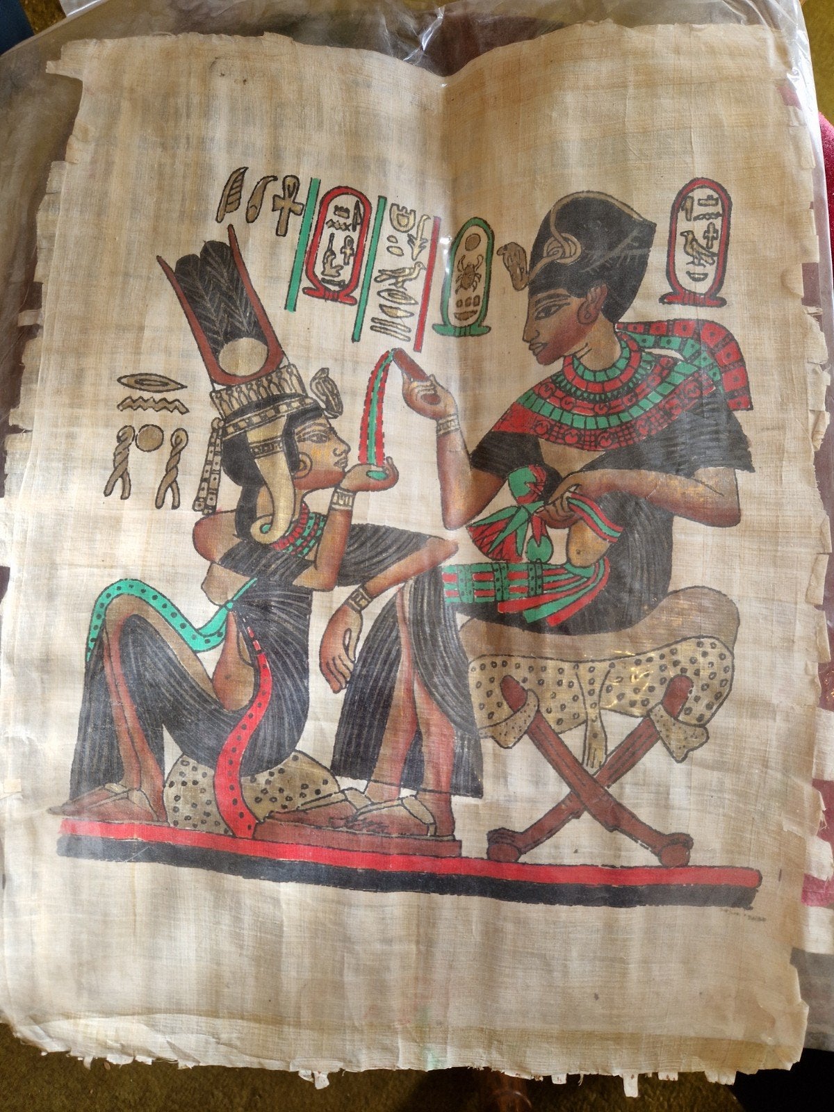 Egyptische papyrus schildering - Farao en Koningin, Antiek en Kunst, Schilderij, Ophalen of Verzenden, Papier/karton, Geschilderd