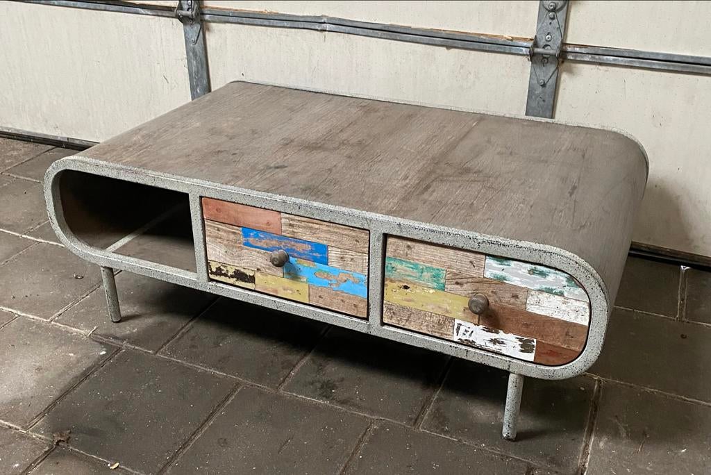 Unieke salontafel met lades van gerecycled hout, Huis en Inrichting, Tafels | Salontafels, Ophalen, Gebruikt, 100 tot 150 cm, Minder dan 50 cm