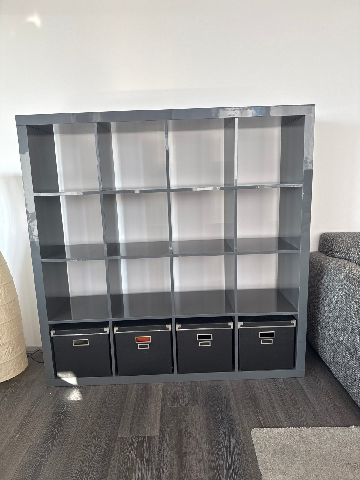 IKEA Kallax kast hoogglans grijs met opbergboxen, Ophalen, Gebruikt, 100 tot 150 cm, 150 tot 200 cm