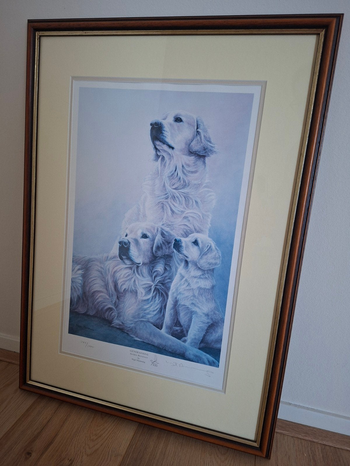 schilderij van Nigel Hemming Generations Golden Retrievers, Antiek en Kunst, Ophalen, Papier/karton, Passe-partout, Dieren