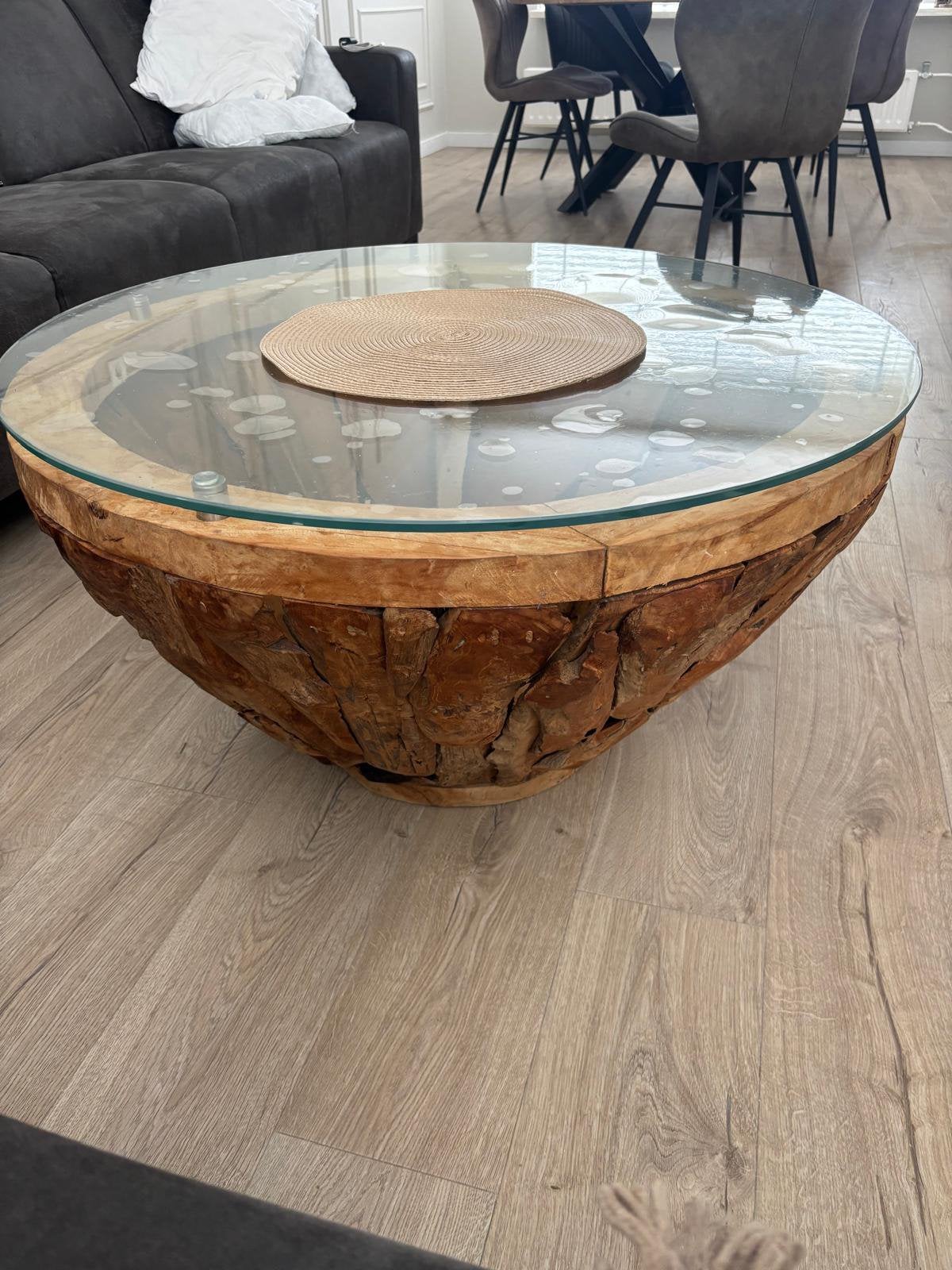 Teak wortel salontafel met glas, 100 tot 150 cm, Teakhout, Zo goed als nieuw, Rechthoekig