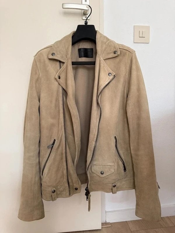 AllSaints Milo Suède Bikerjack - Beige - M – Echt leer, Maat 48/50 (M), Beige, Ophalen of Verzenden, Zo goed als nieuw