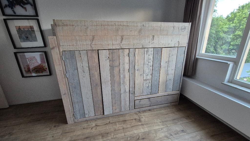 Hoogslaper steigerhout met kast + Auping bodem, Ophalen, Gebruikt, Eenpersoons, 210 cm