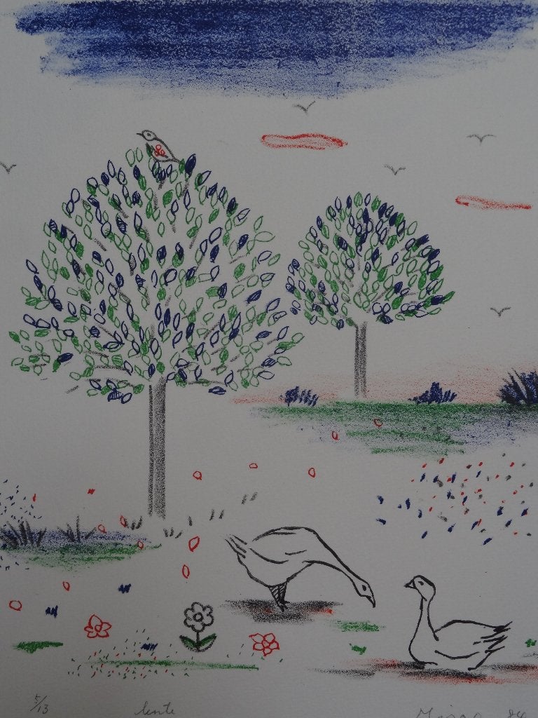 kleurrijke litho ganzen bij bomen, lente Mira O. 1984, Antiek en Kunst, Kunst | Litho's en Zeefdrukken, Origineel, Verzenden, Dieren en Natuur