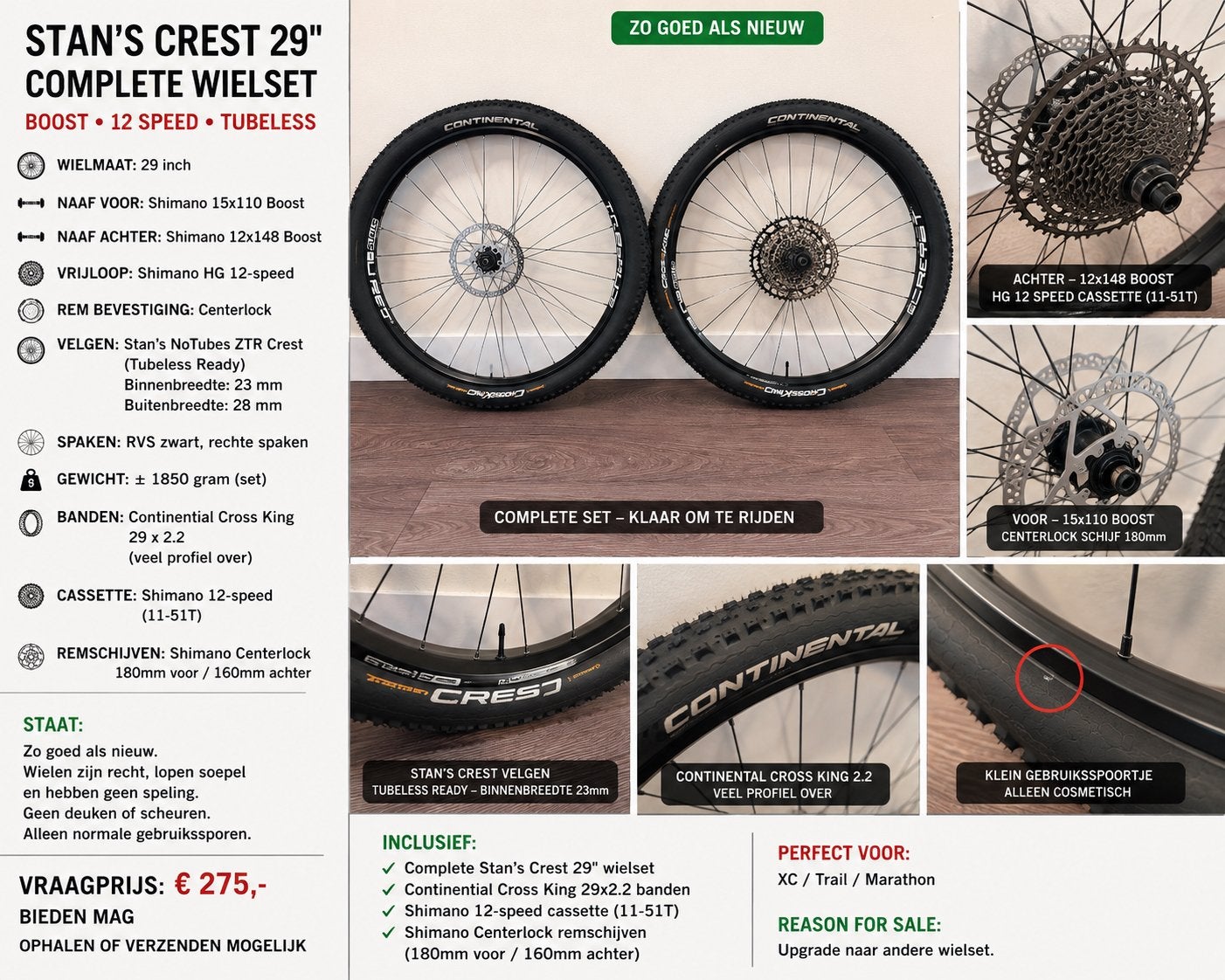 Stan's NoTubes ZTR Crest 29" Wielset + Continental Cross Kin, Wiel, Ophalen of Verzenden, Zo goed als nieuw, Aluminium