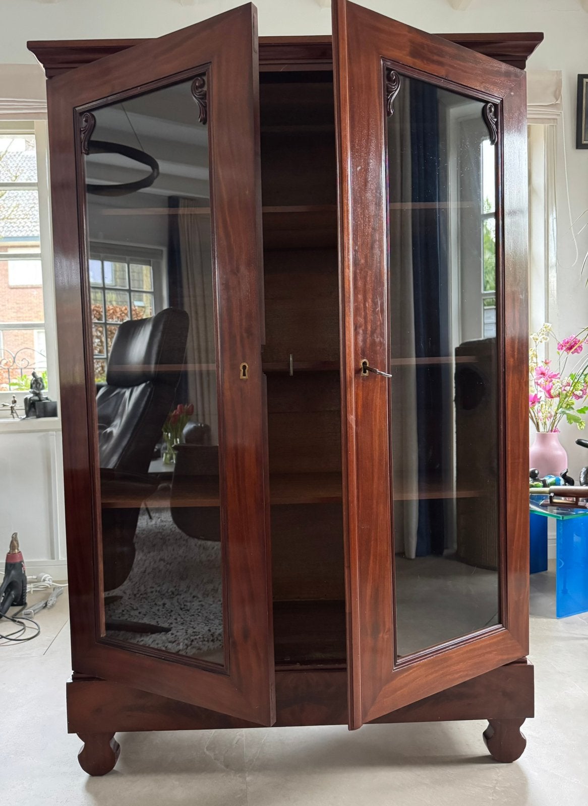 Antieke vitrinekast; tik op de foto voor meer, Ophalen, Gebruikt, 50 tot 100 cm, 150 tot 200 cm