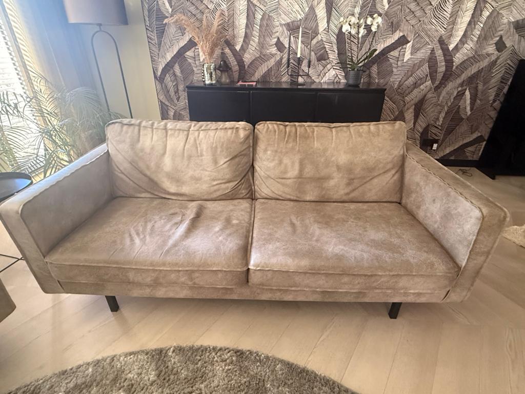 2,5 zits bank en chaise longue - Taupe leer, Ophalen, Gebruikt, Tweepersoons, Rechte bank