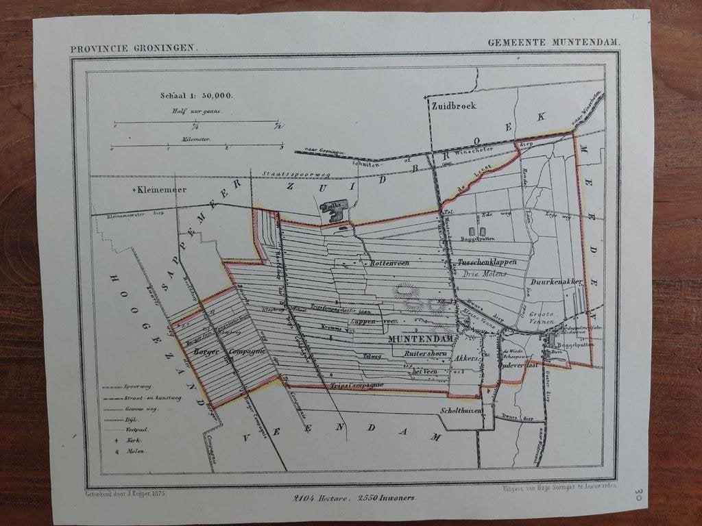 30 / Muntendam Zuidbroek Borger Litho uit 1875 van J. Kuyper, Ophalen of Verzenden