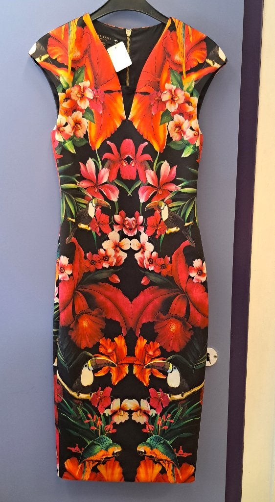 Ted Baker midi/maxi jurk zwart + bloemen + toekans S 45573, ., Ted Baker, Ophalen of Verzenden, Zo goed als nieuw