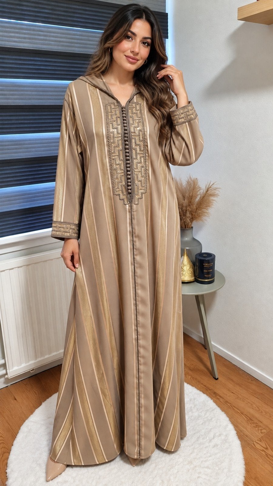Djellaba met strepen en borduursel, Maat 38/40 (M), Beige, Nieuw, Ophalen of Verzenden