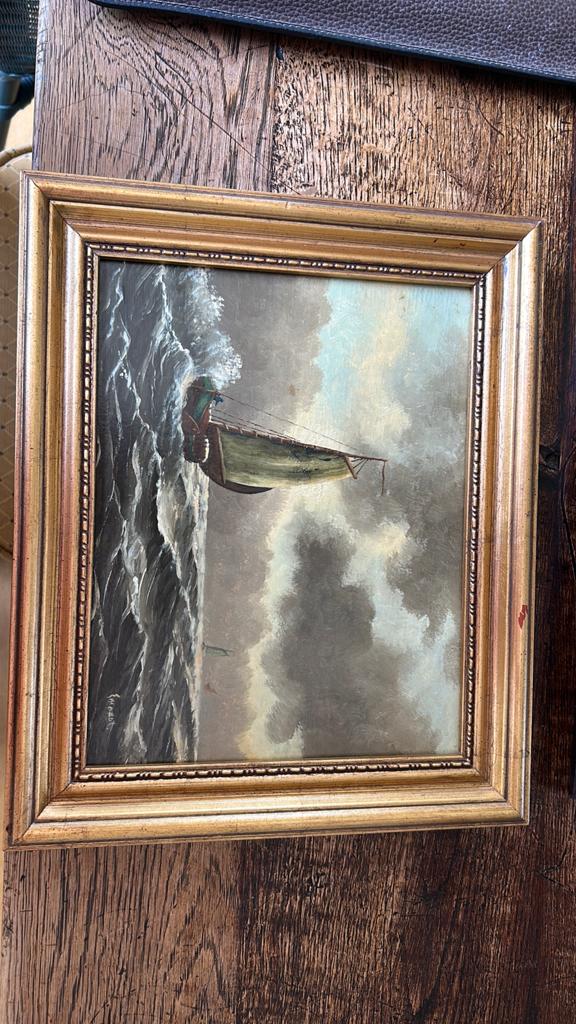 Olieverfschilderij van zeilschip op woelige zee, Antiek en Kunst, Kunst | Schilderijen | Klassiek, Ophalen