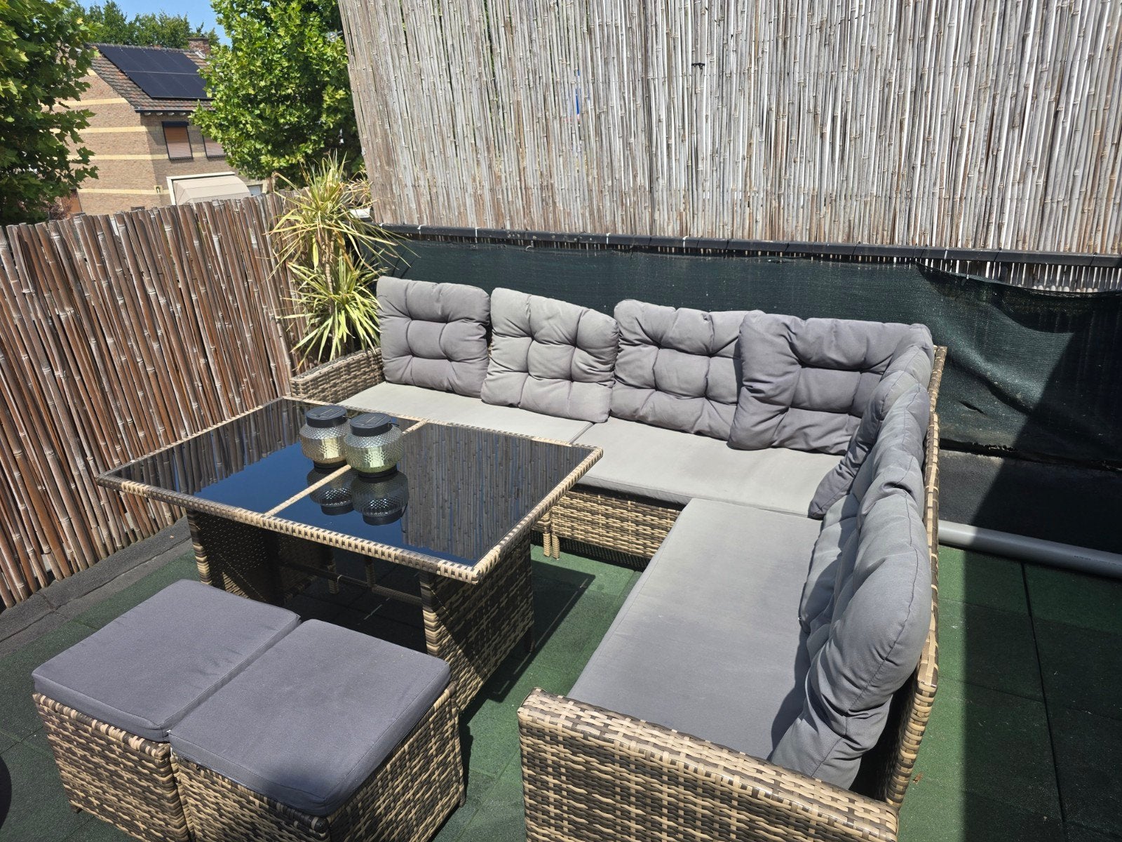 Wicker tuinset/ loungeset met tafel en krukjes, Tuin en Terras, Tuinsets en Loungesets, Ophalen, 5 zitplaatsen, Gebruikt, Loungeset