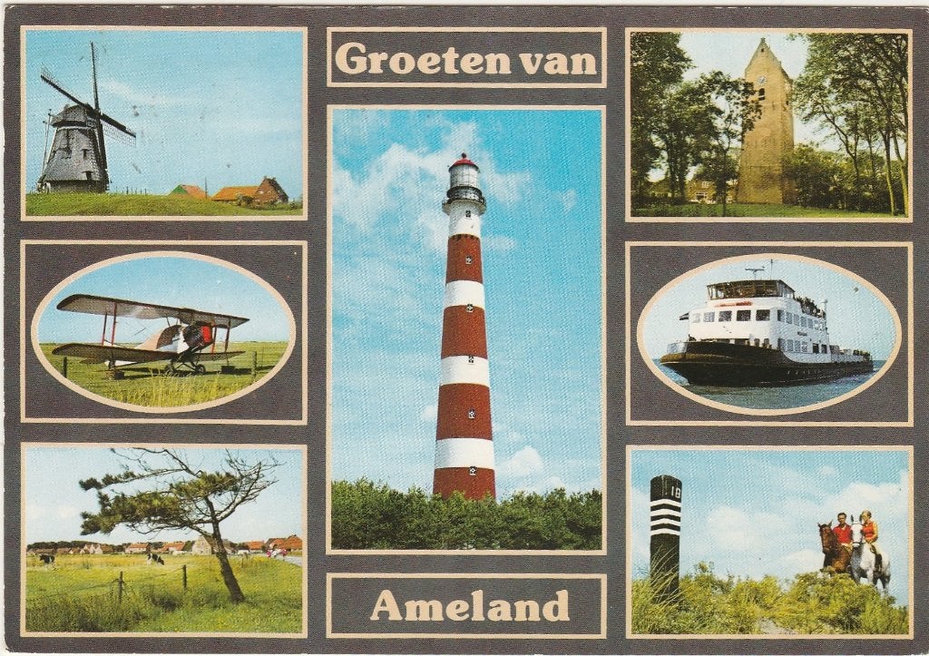 AMELAND Molen Vliegtuig Veerboot Groeten, Verzamelen, Verzenden, 1980 tot heden, Ongelopen, Waddeneilanden