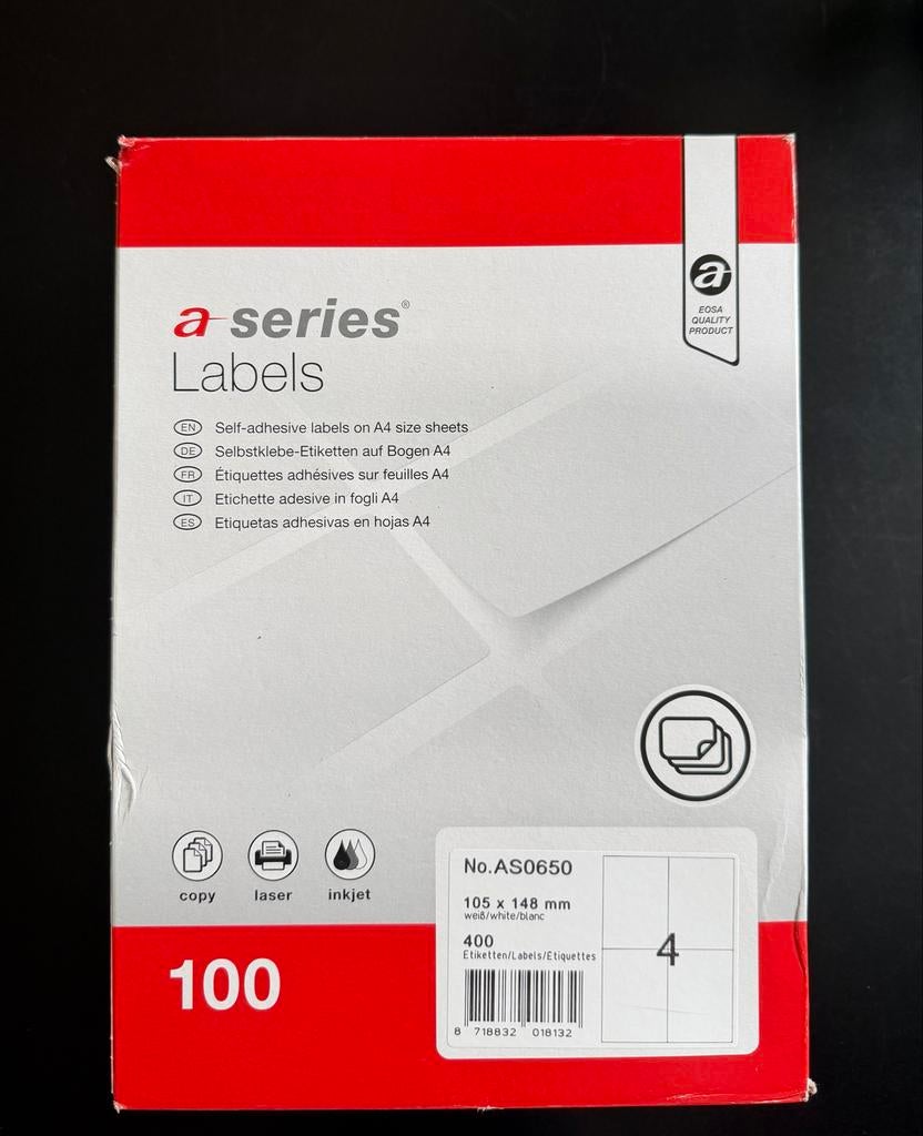 A-series Zelfklevende Etiketten A4 - 105x148mm - 400 stuks, Ophalen of Verzenden