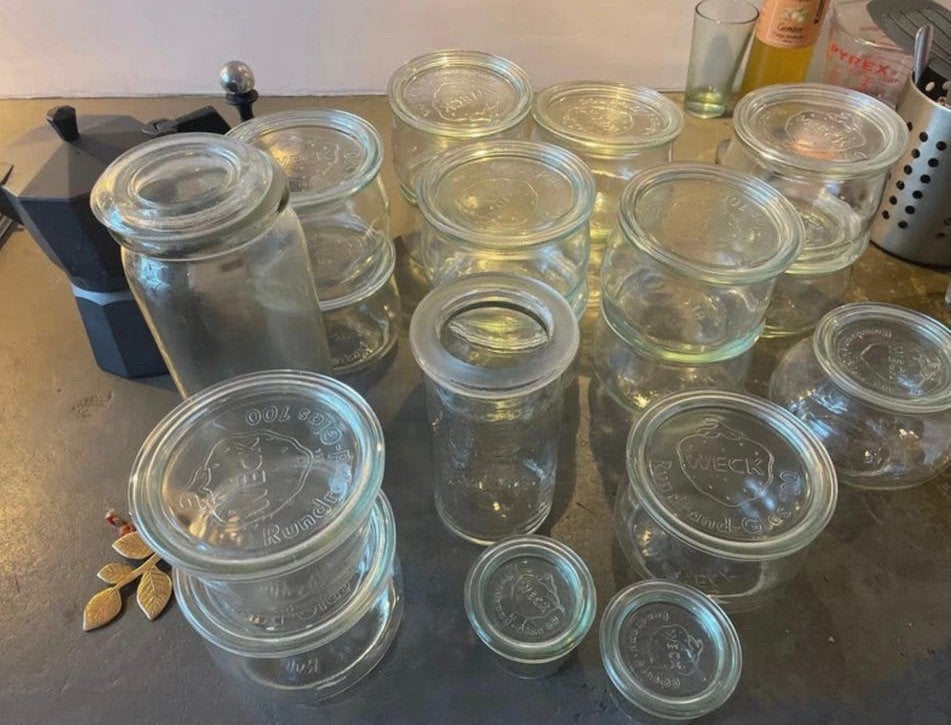 Diverse weckpotten aardbei deksel, Huis en Inrichting, Ophalen, Zo goed als nieuw, Glas, Pot, Bus of Blik