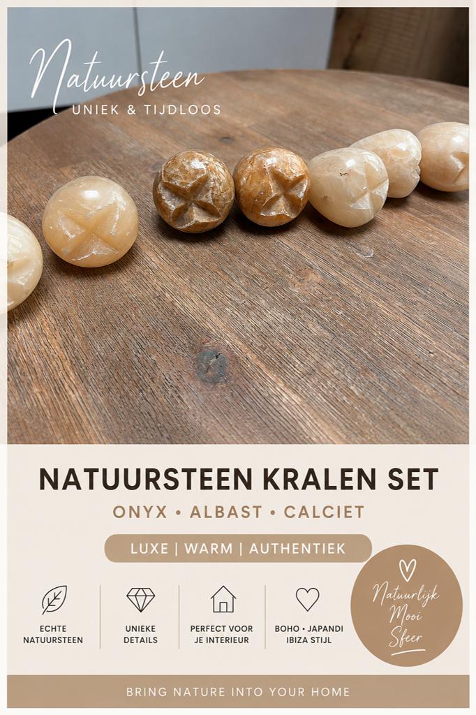 Set natuurstenen decoratie kralen / onyx albast, Huis en Inrichting, Ophalen of Verzenden, Natuurlijk materiaal, Goud, Oosters