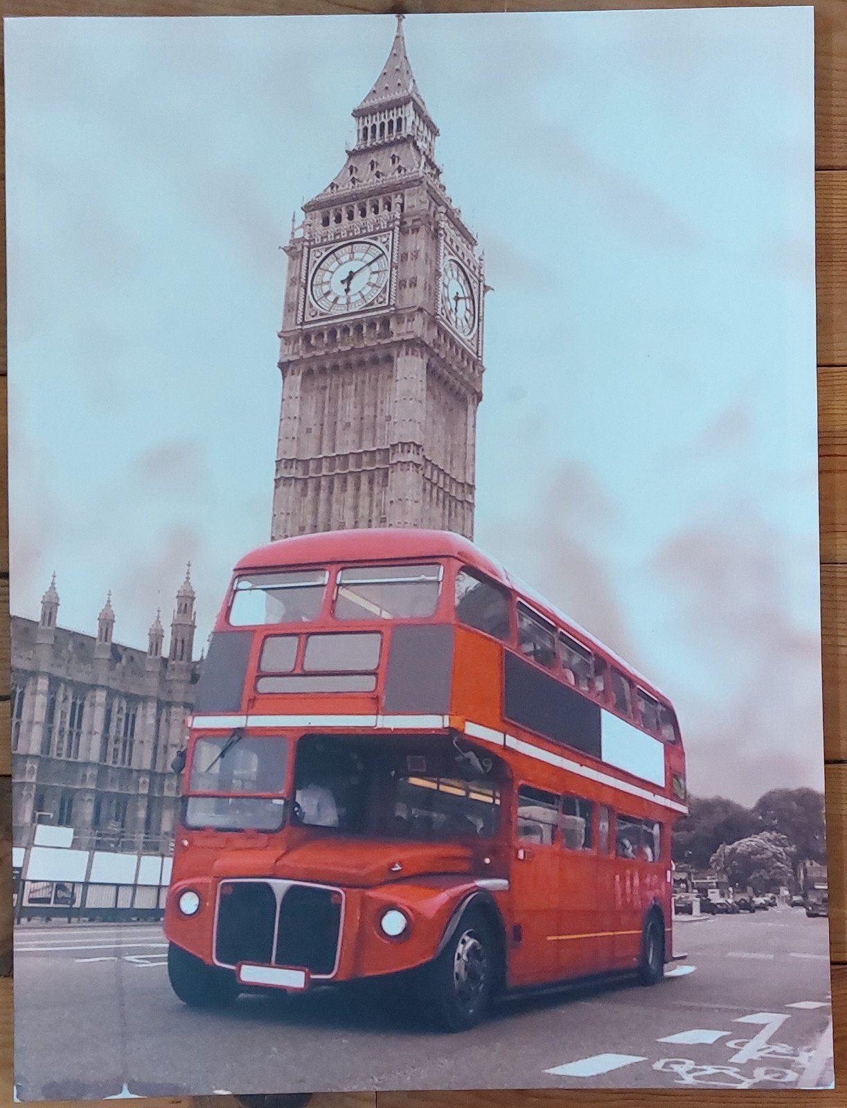 Canvas schilderij Big Ben en rode bus - 80x60 cm, Ophalen, Zo goed als nieuw, Schilderij, 75 – 100