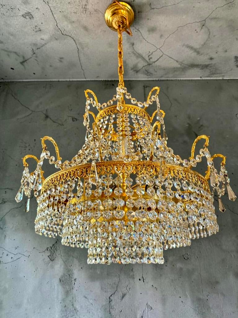 Prachtige antieke kristallen kroonluchter, Ophalen of Verzenden, Zo goed als nieuw, Glas, Design vintage antiek mid century hollywood regency style