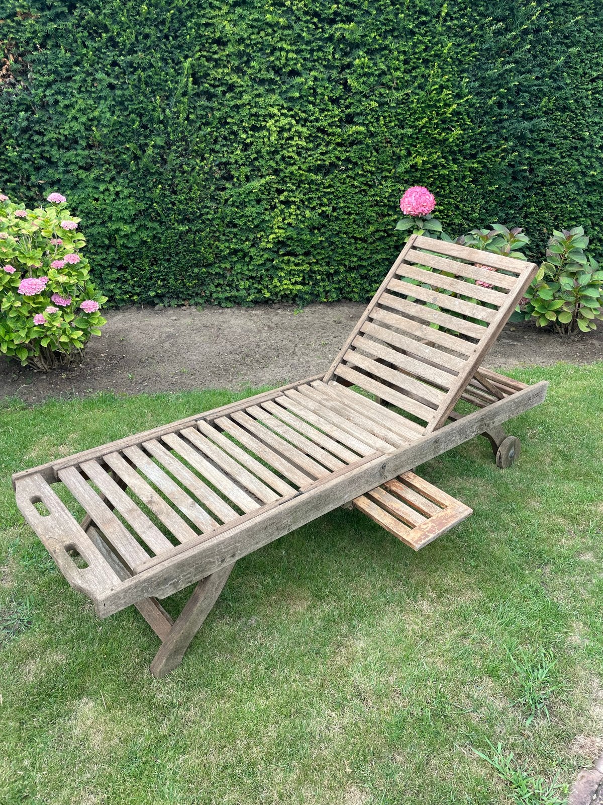 Verstelbare Teakhouten Ligstoel / tuinstoel met Wielen, Ophalen, Gebruikt, Teakhout, Verstelbaar