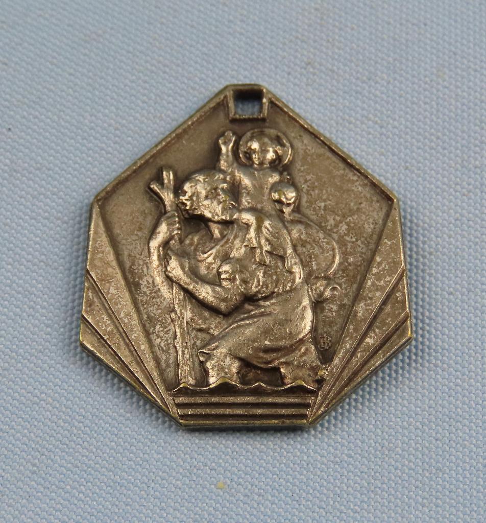 Antieke St. Christoffel - verzilverde hanger - 2.5 x 3 cm., Ophalen of Verzenden, Overige materialen, Hanger