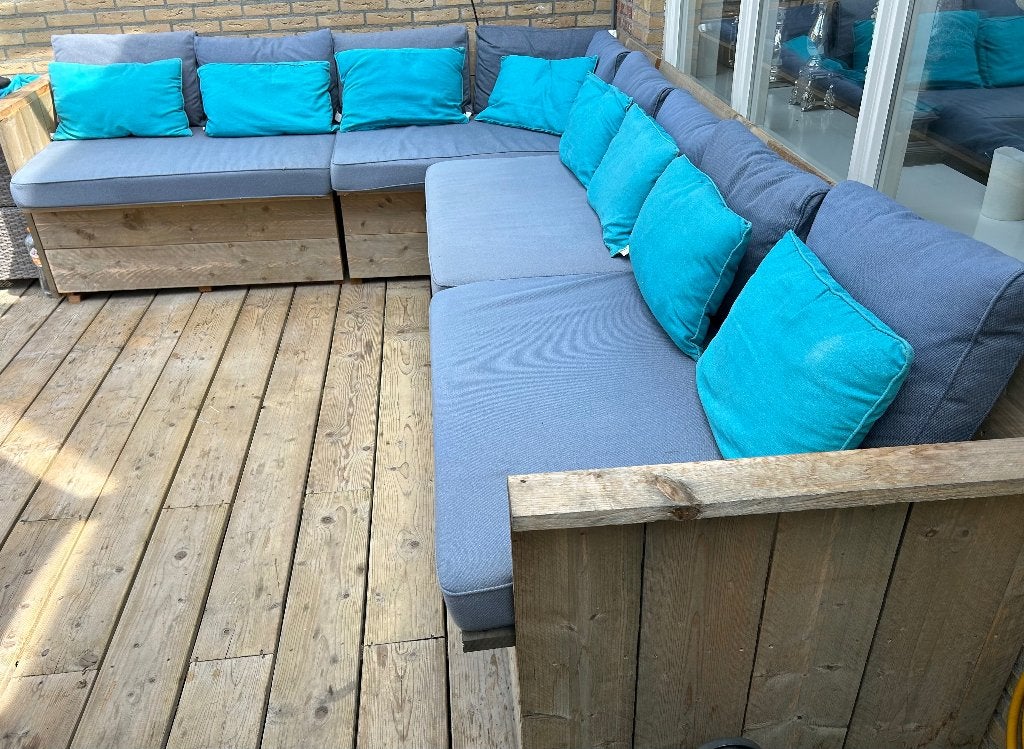 Steigerhouten tuinset incl. kussens, Tuin en Terras, Tuinsets en Loungesets, Zo goed als nieuw, Tuinset, Steigerhout, 7 zitplaatsen