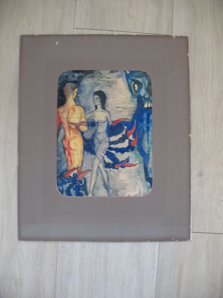 Zeldzaam Aquarel Adam en Eva met Passe-Partout Vintage, Antiek en Kunst, Ophalen