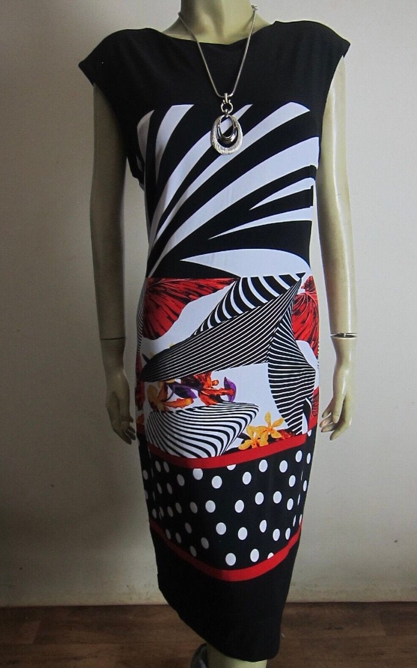 Frank Lyman elegante jurk in rood wit en zwart dessin 38, Maat 38/40 (M), Nieuw, Onder de knie, Meerkleurig