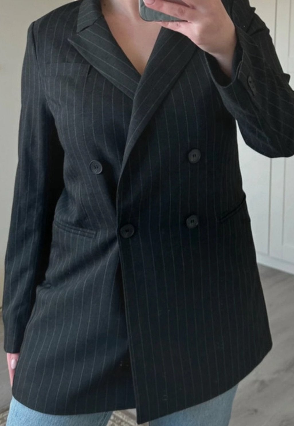 H&M donkerblauwe double breasted blazer met krijtstrepen, Blauw, Ophalen of Verzenden, Zo goed als nieuw, Jasje