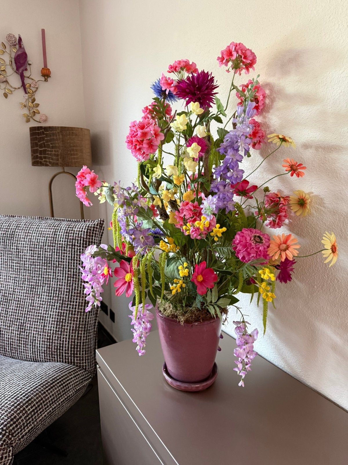 Mooie bloemstuk met diverse zijde bloemen van o.a. silk-ka, Ophalen, 100 cm, Zo goed als nieuw, Bloemstuk