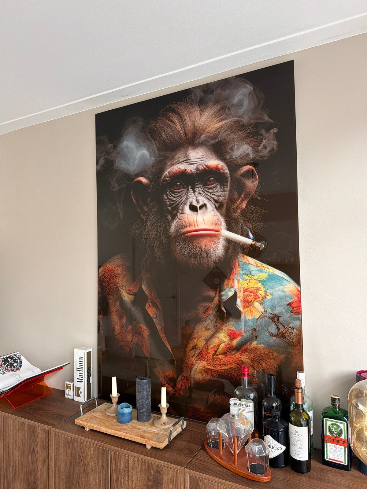 Luxe Glaskunst Schilderij: Chique Aap met Sigaret, Huis en Inrichting, Ophalen, Schilderij, Meerkleurig, Zo goed als nieuw