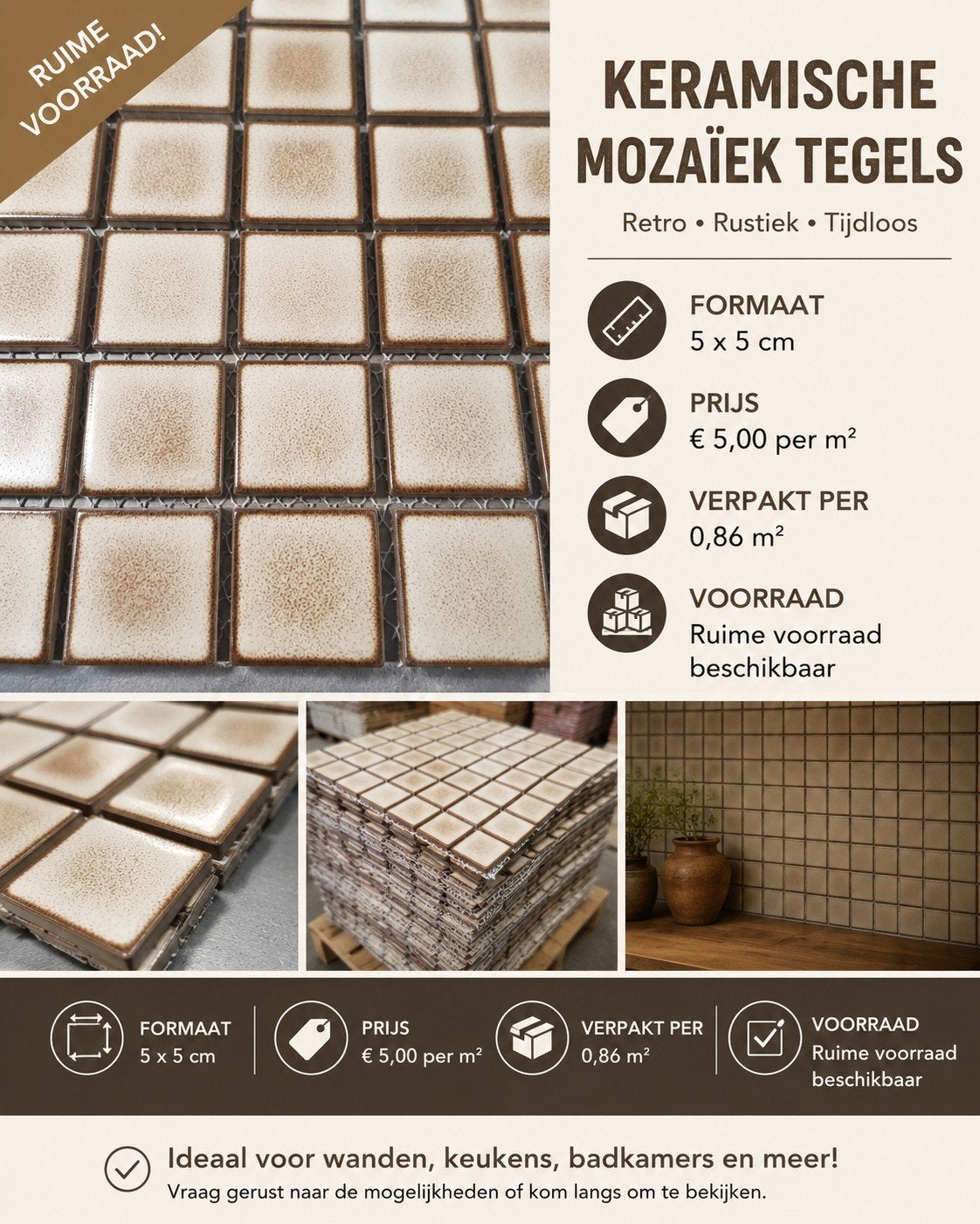 Keramische Mozaïek Tegels 5x5 cm - Retro Rustiek, Nieuw, Minder dan 20 cm, 10 m² of meer, Wandtegels