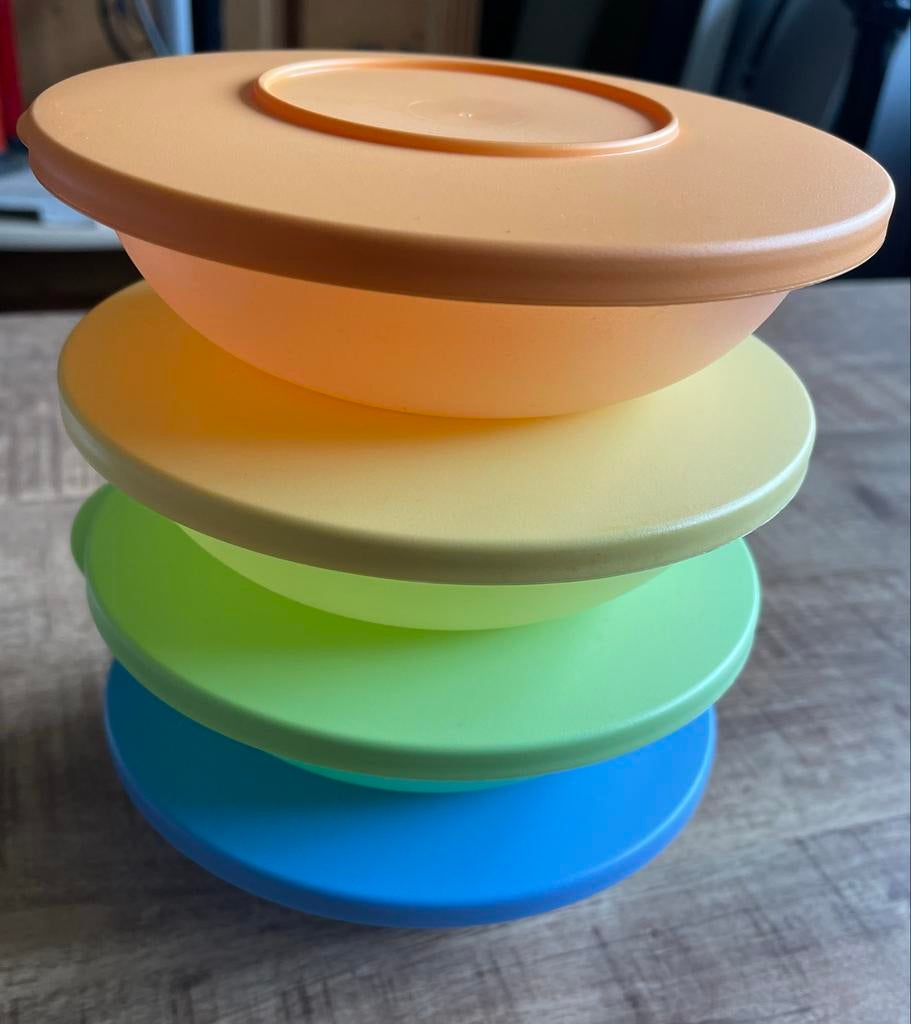 Tupperware Stapelbakjes - Set van 4 met deksels, Ophalen of Verzenden, Gebruikt, Blauw, Bak of Kom