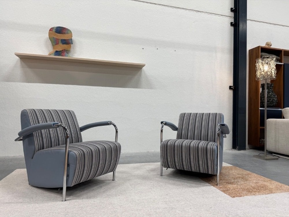 2 Als nieuw Leolux Scylla fauteuil blauw leer stof stoel, Leolux, Info@leolux.nl, 75 tot 100 cm, Ophalen of Verzenden