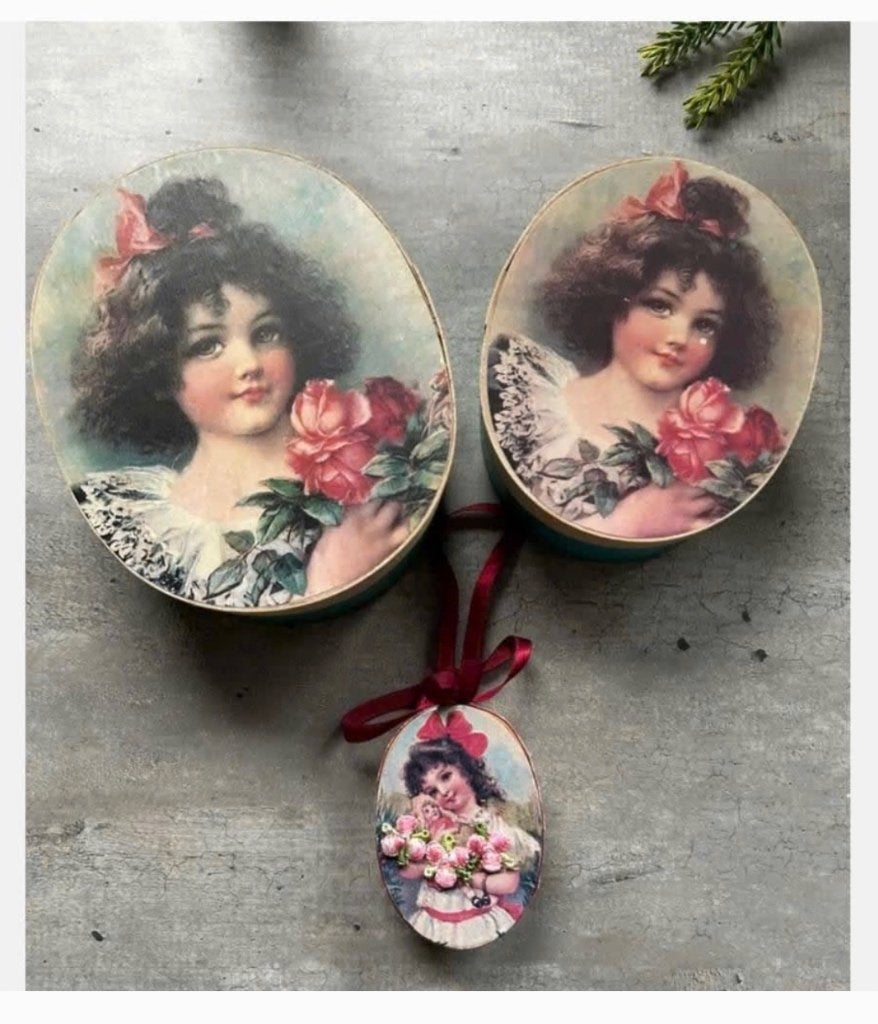 3 x romantische vintage spanen doosjes, meisje en bloemen, Ophalen of Verzenden