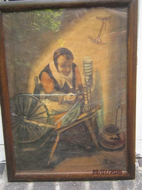 Mooie Aquarel Vrouw a/h Spinnewiel Naar Nicolaas Maes, Antiek en Kunst, Kunst | Schilderijen | Klassiek, Ophalen of Verzenden