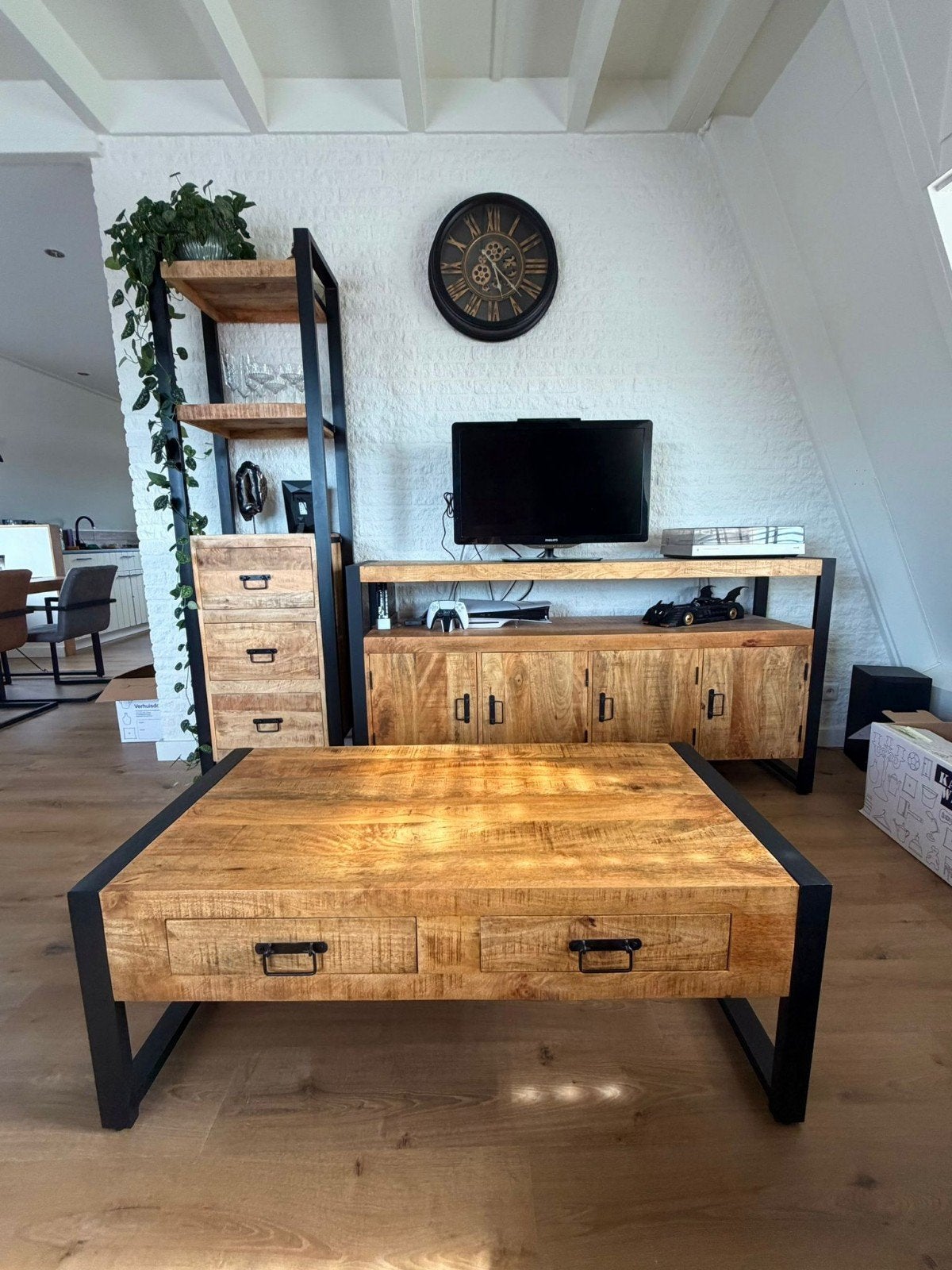 Meubelset mangohout: dressoir - hoge kast - salontafel, Ophalen