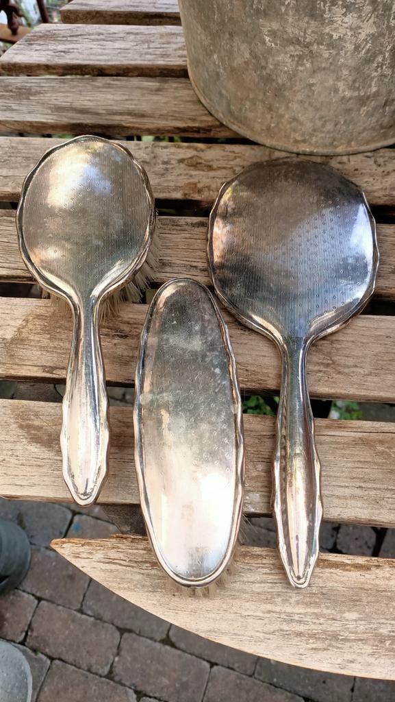 Brocante verzilverde kaptafelset spiegel borstel, Antiek en Kunst, Curiosa en Brocante, Ophalen of Verzenden