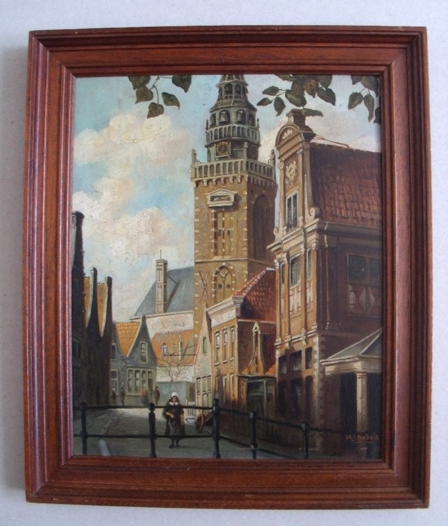 W.J. Nobels - Speeltoren Monnickendam - olieverf op triplex, Ophalen of Verzenden