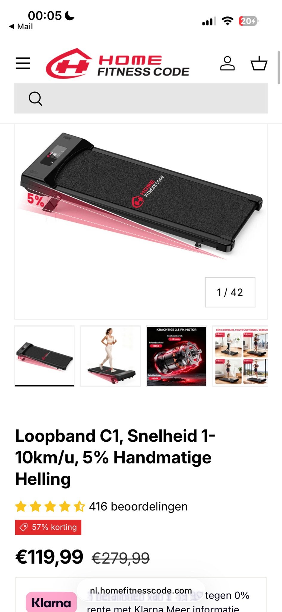 Home Fitness Code Loopband C1 - Snelheid 1-10km/u, Ophalen, Zo goed als nieuw, Metaal, Loopband