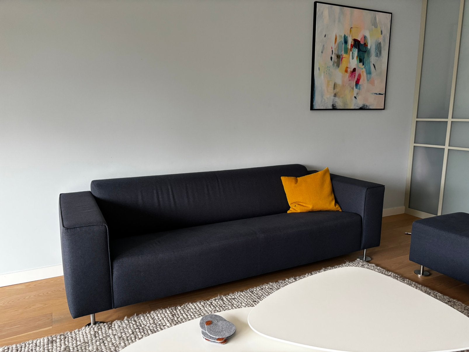 Moderne bank blauw: 3-zitsbank + loveseat + poef WEG=WEG, Ophalen, Driepersoons, 75 tot 100 cm, Zo goed als nieuw