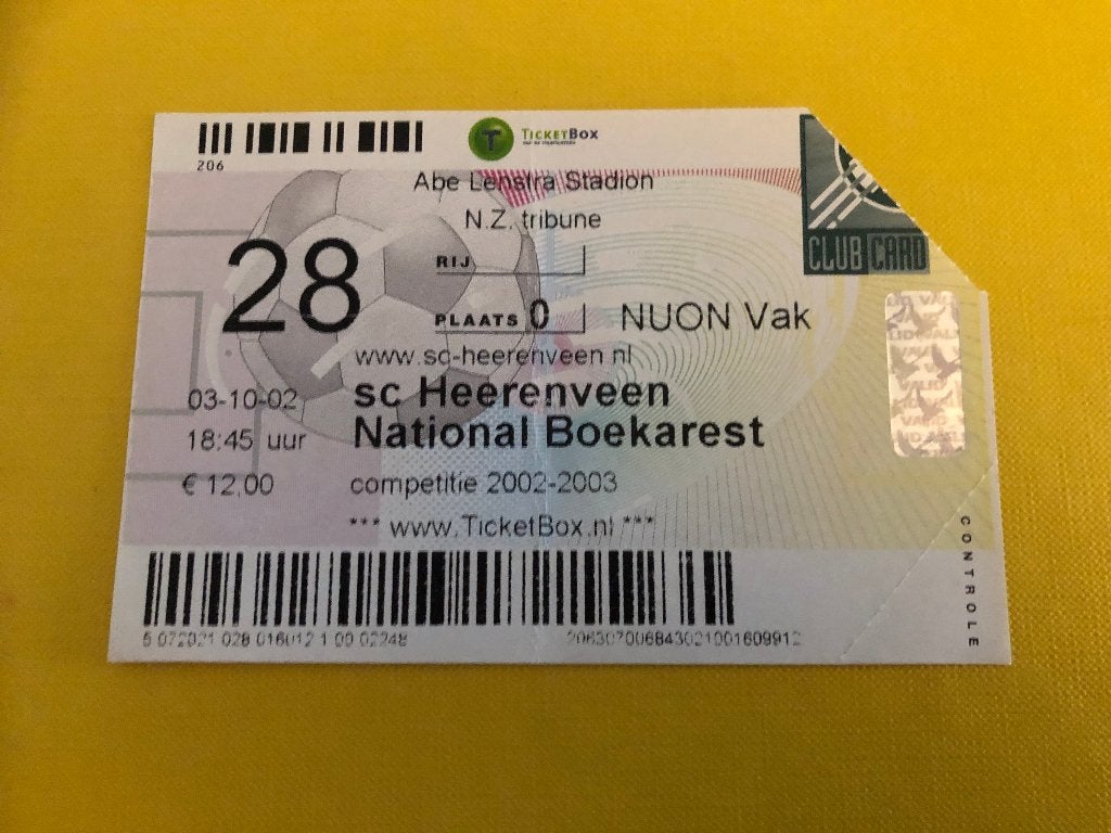 ⚽ Ticket Uefa-Cup Sc Heerenveen - Nat. Boekarest 2002/2003, Verzamelen, Ophalen of Verzenden, Zo goed als nieuw, Overige binnenlandse clubs