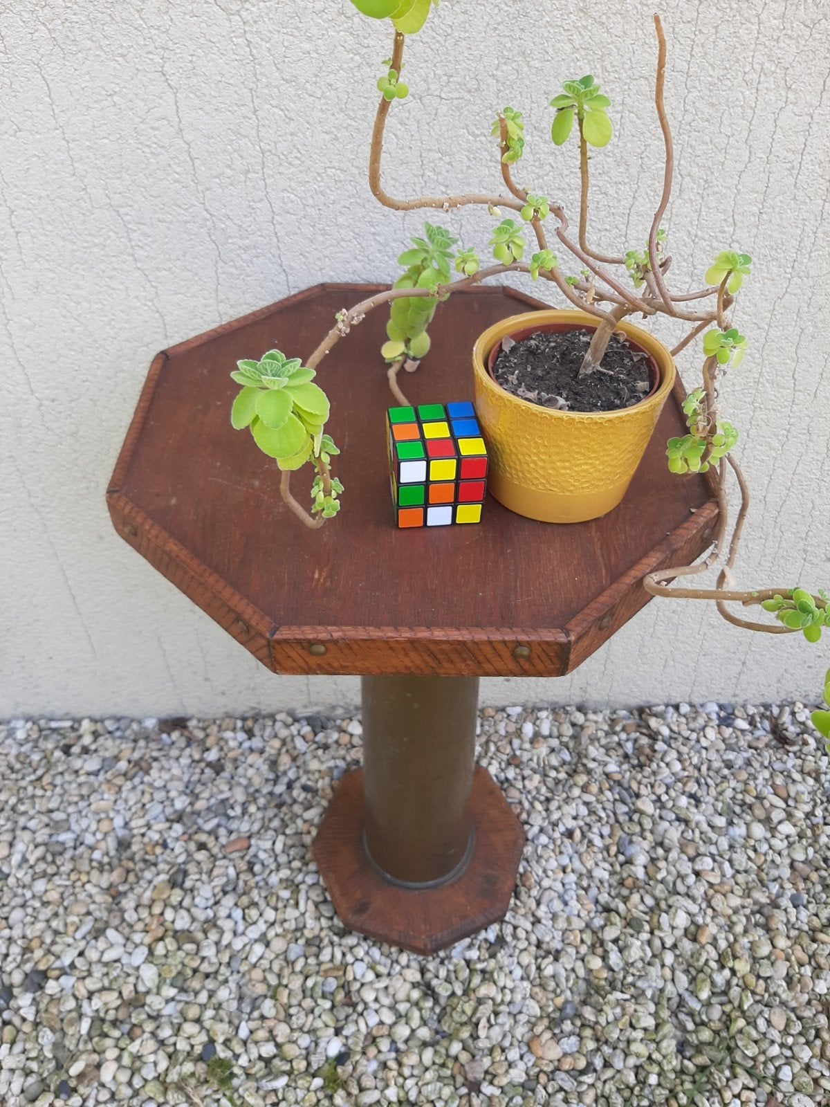 sidetable trench art koper met eikenhout bijzettafel, Ophalen